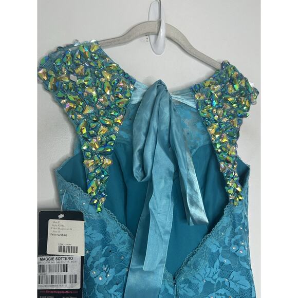 Flirt by Maggie Sottero NEW prom pageant Aqua Full Lace Beaded Mermaid Gown 10 - Picture 8 of 9